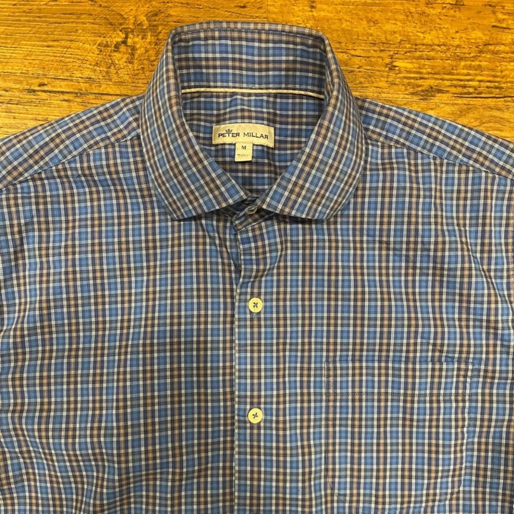 Peter Millar Plaid Check Blue‎ Brown Button Up Casual Dress Shirt Men's Size Med